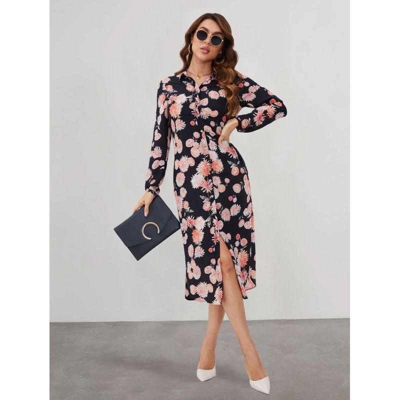 MOSS ROSE - Vestido camisero midi vintage floral de manga larga para mujer