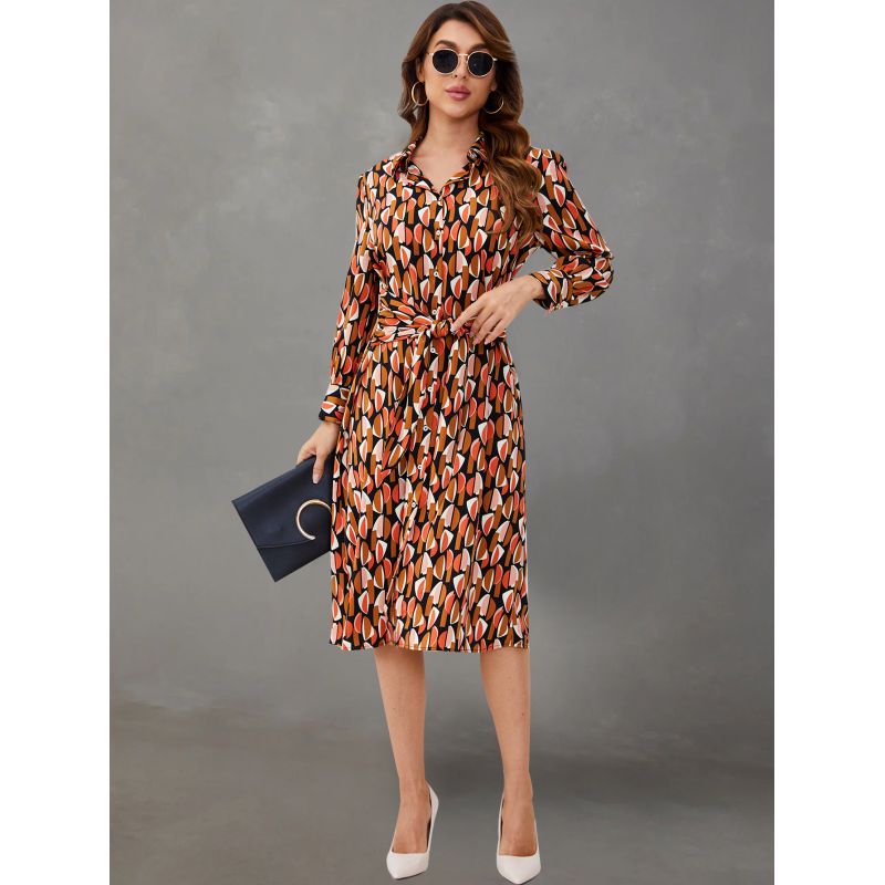 MOSS ROSE - Elegante vestido camisero de manga larga estampado para mujer