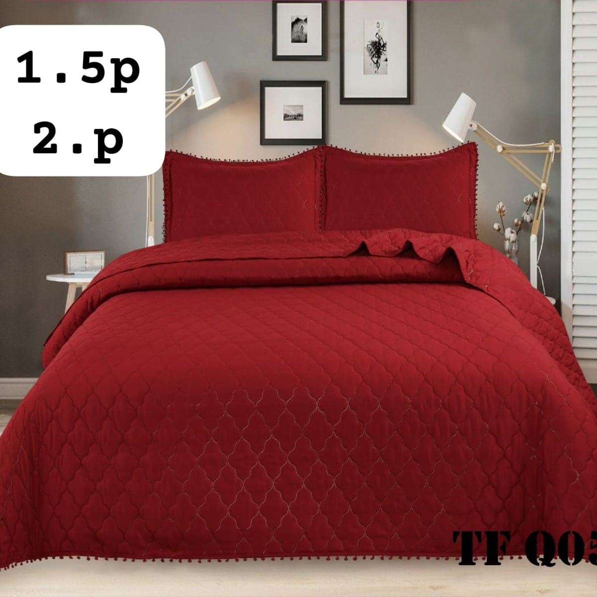 GENERICO - Cubrecama de Algodón con Pompones 1.5 Plaza. Color Rojo TFQ05