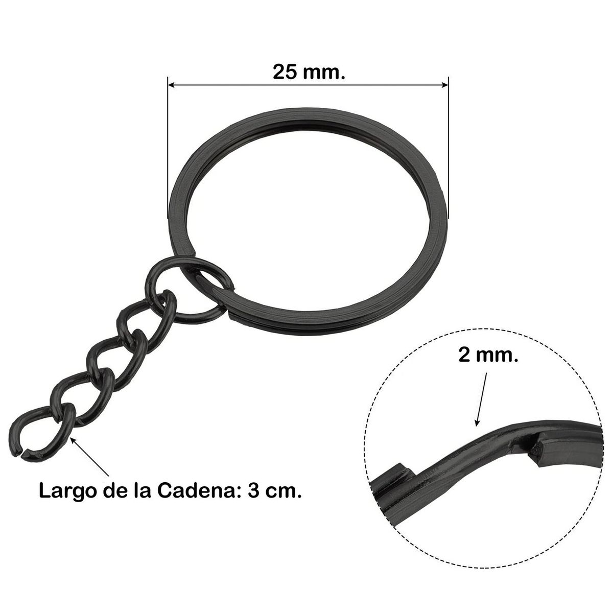 CELLBOX - Pack 100 Argollas Para Llavero 25mm Con Cadena + Unión - Negros