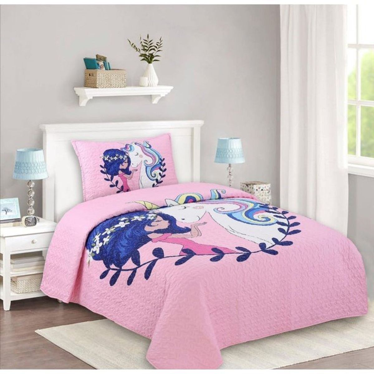 GENERICO - CUBRECAMA DE VERANO ROSA UNICORNIO DE TELA CON CHIPORRO 1.5 PLAZA FY