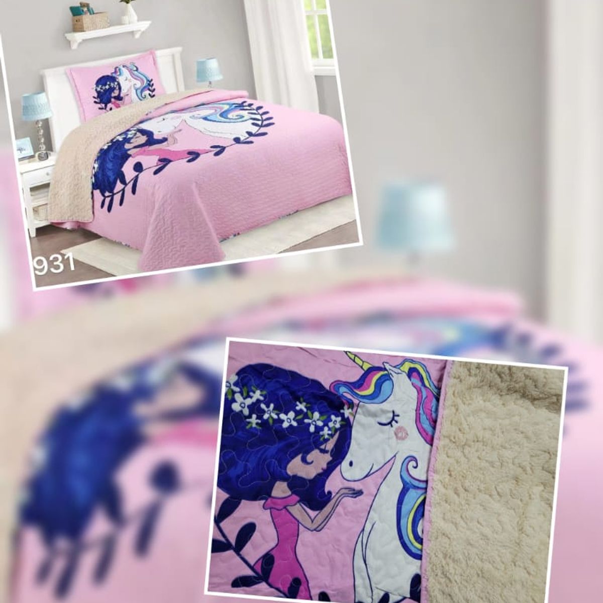 GENERICO - CUBRECAMA DE VERANO ROSA UNICORNIO DE TELA CON CHIPORRO 1.5 PLAZA FY