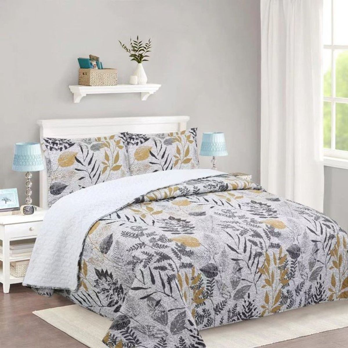 GENERICO - CUBRECAMA DE VERANO GRIS HOJAS DE TELA CON CHIPORRO 1.5 PLAZA FY