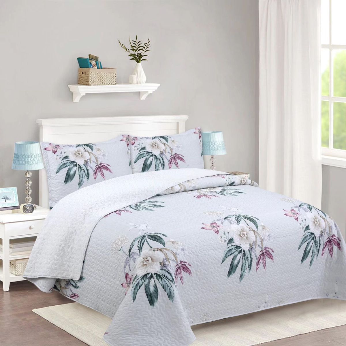 GENERICO - CUBRECAMA DE VERANO FLOR BLANCO DE TELA CON CHIPORRO 2 PLAZA FY