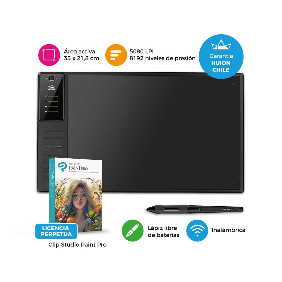 HUION - Tableta Gráfica Huion WH1409 V2 - Incluye Clip Studio y Guante