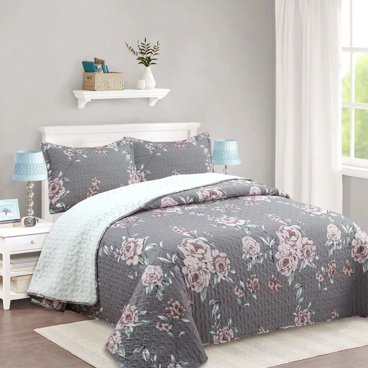 GENERICO - CUBRECAMA DE VERANO GRIS ROSA DE TELA CON CHIPORRO 2 PLAZA FY