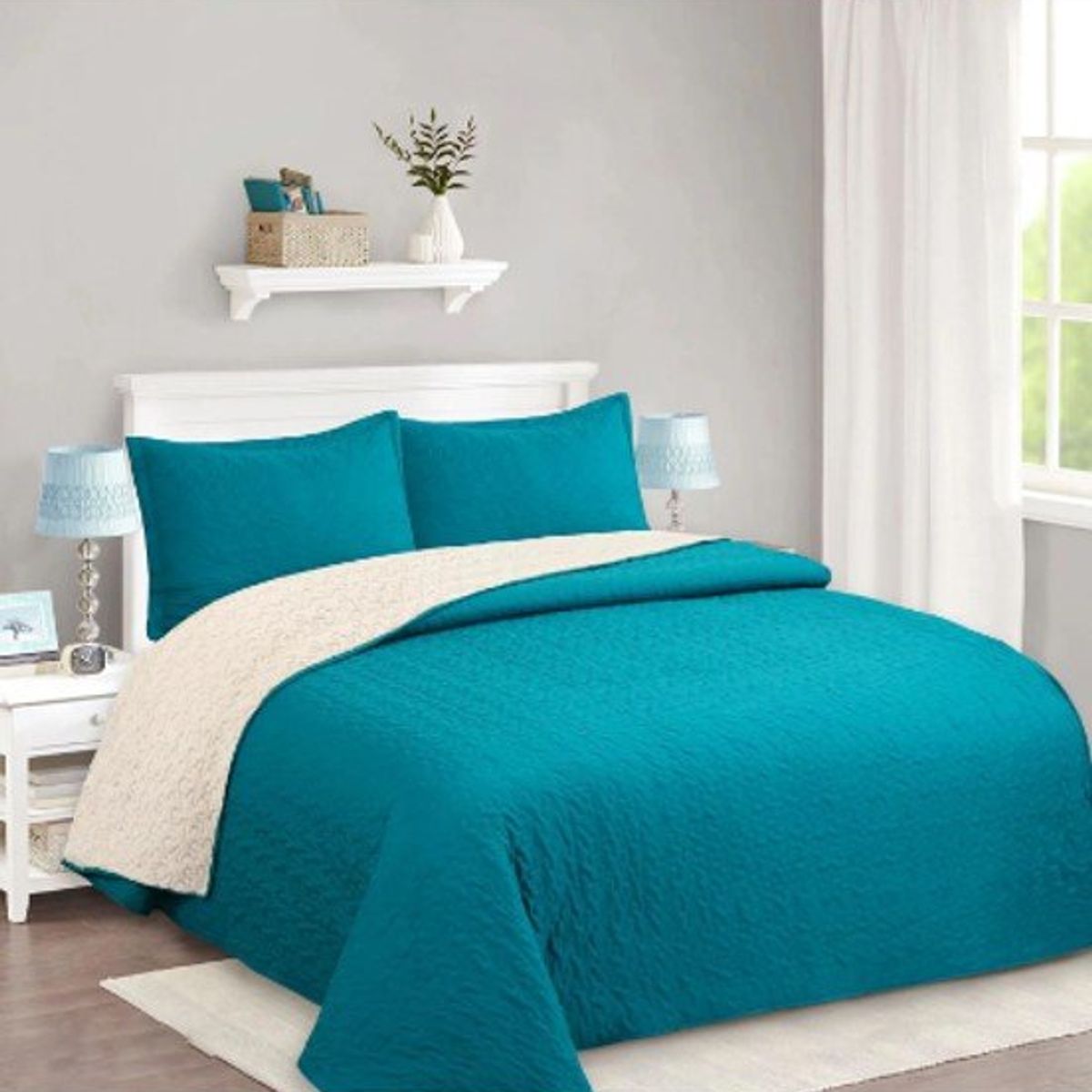 GENERICO - CUBRECAMA DE VERANO TURQUESA DE TELA CON CHIPORRO KING FY