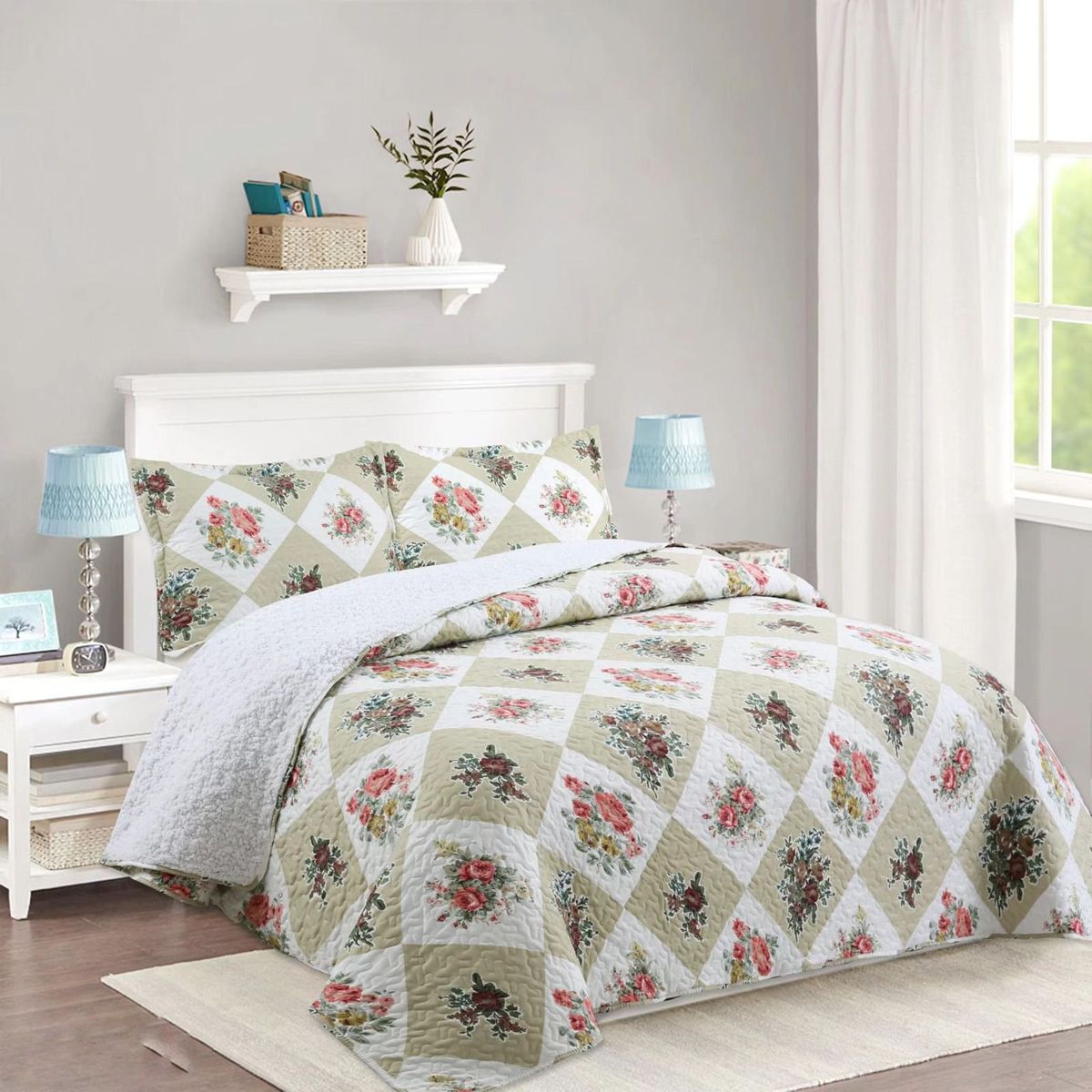 GENERICO - CUBRECAMA DE VERANO CUADRO BEIGE DE TELA CON CHIPORRO KING FY