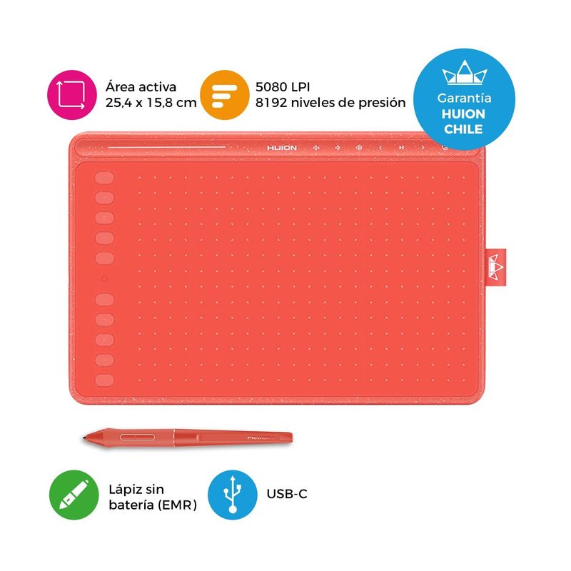 HUION - Tableta Gráfica Huion HS611 Red con Barra Multimedia