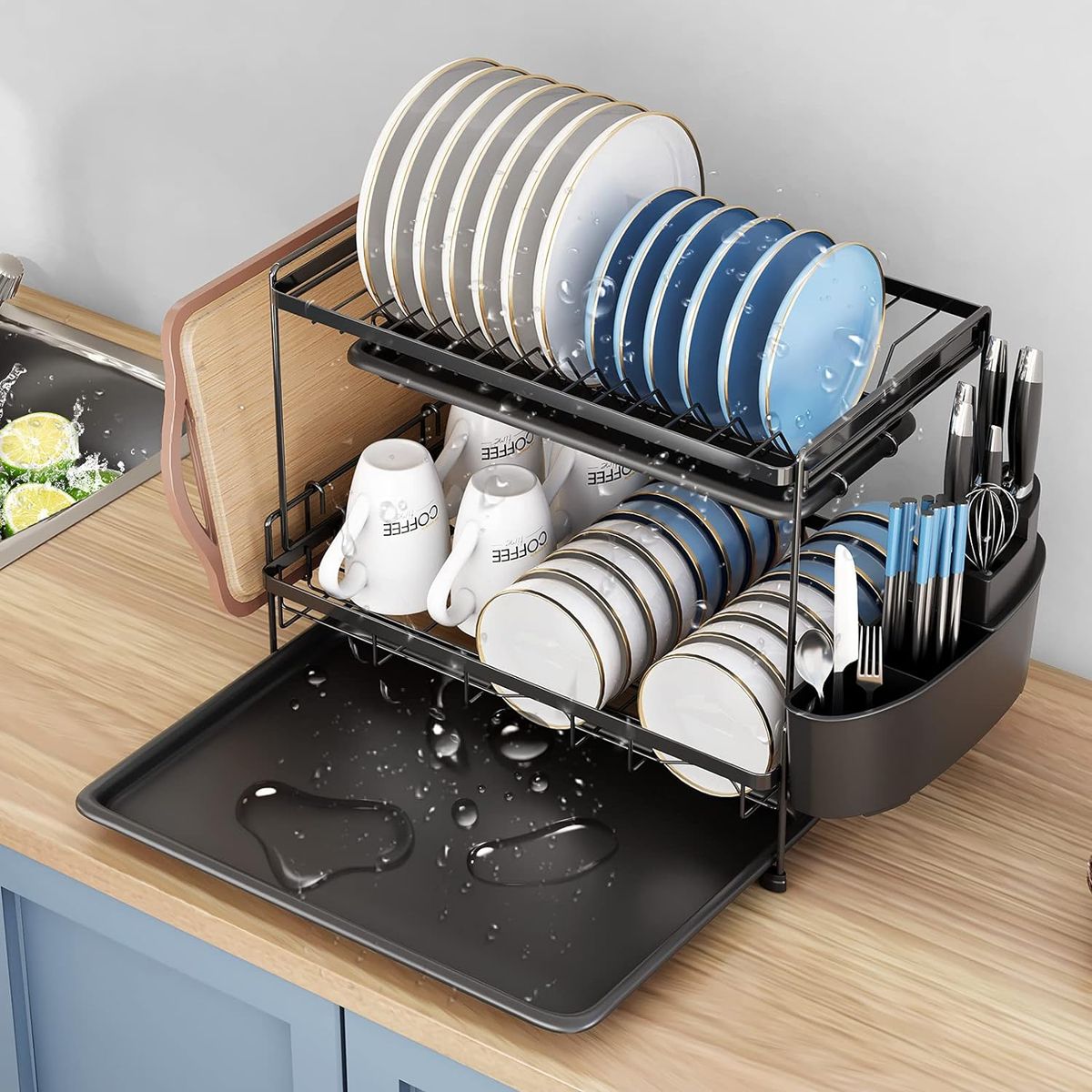 WAKESHOME - Secador De Platos Escurridor Loza Platos 2 Niveles Organizador Cocina