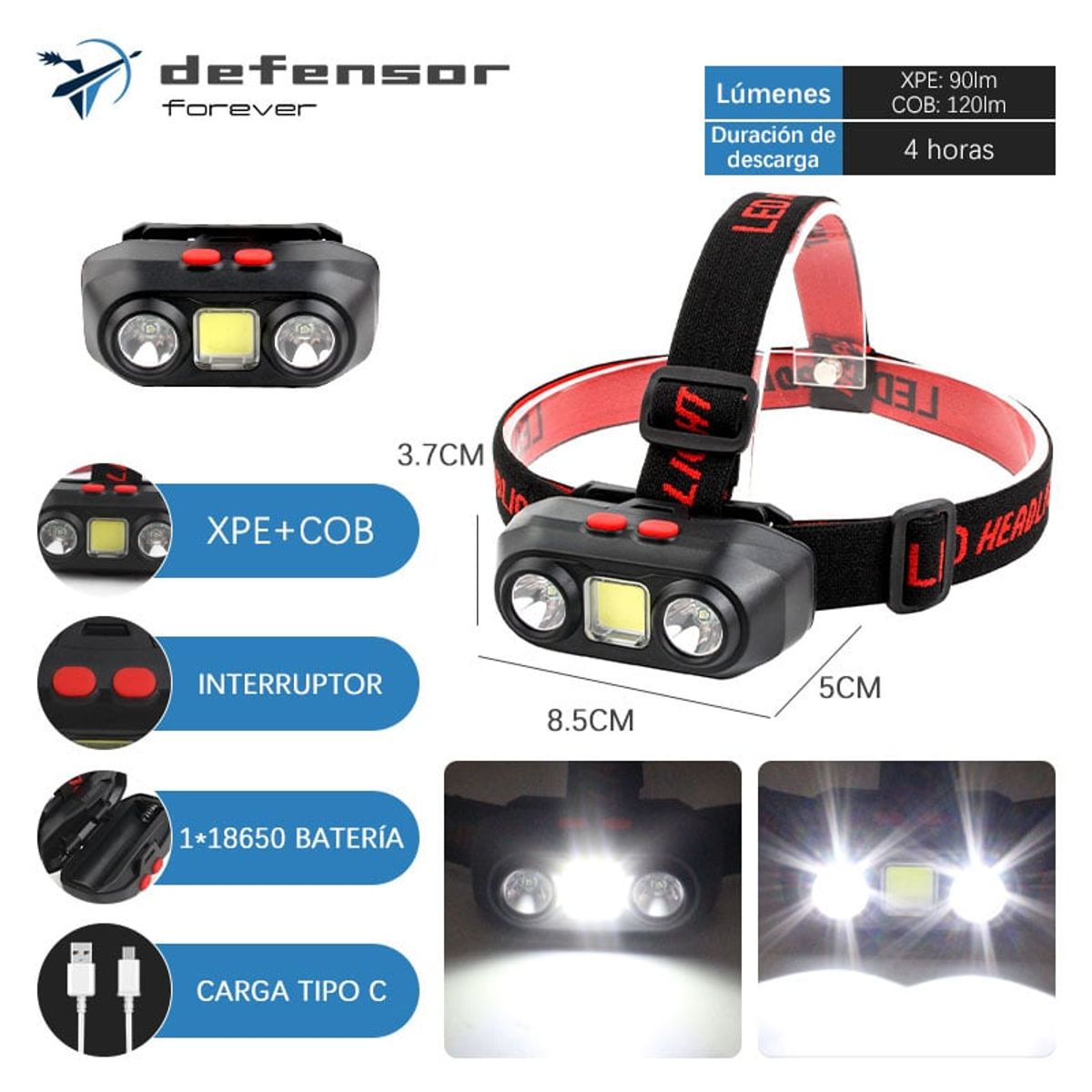 DEFENSOR FOREVER - Linterna Frontal Recargable