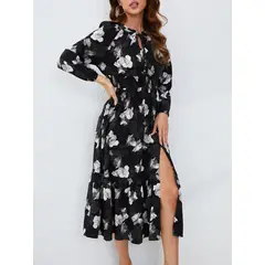 MOSS ROSE - Elegante vestido midi de manga larga con estampado floral para mujer