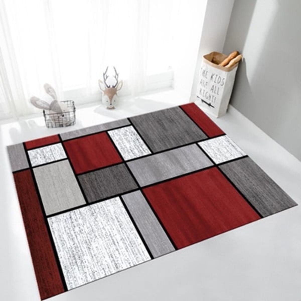 ANGELES DEL HOGAR - Alfombras Lisas diseños 3D 200x240cm Cuadro Gris-Burdeo