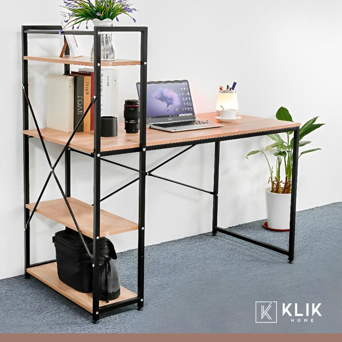 KLIK - Escritorio Industrial Home Office con Repisas Oslo - Madera Clara