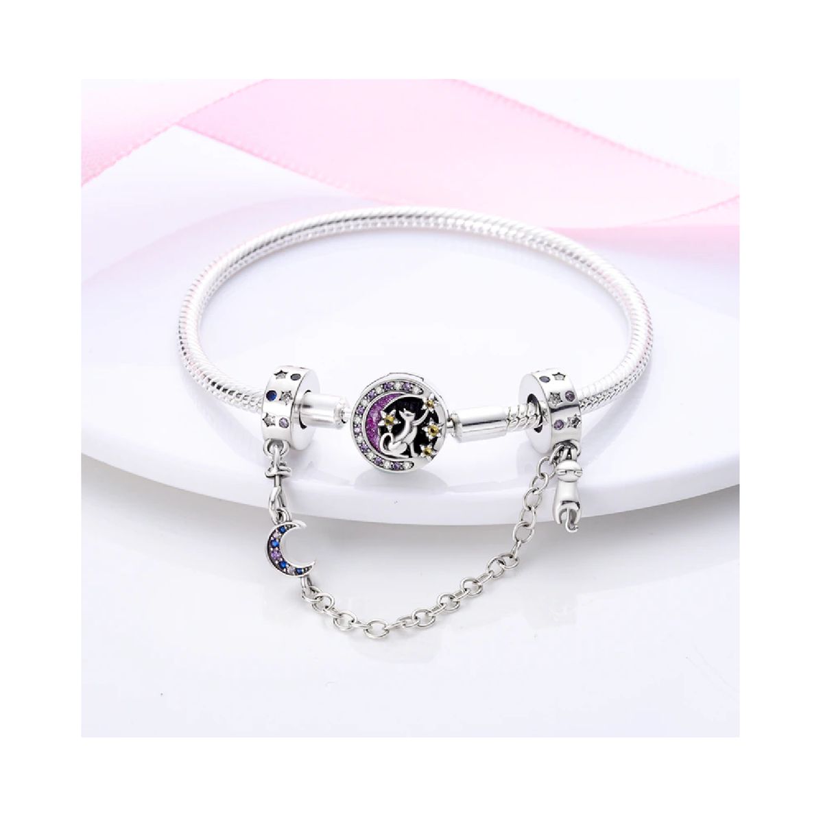 SILVER HEART - Charm Cadena Gatito y Luna en Plata Fina 925 SILVER HEART