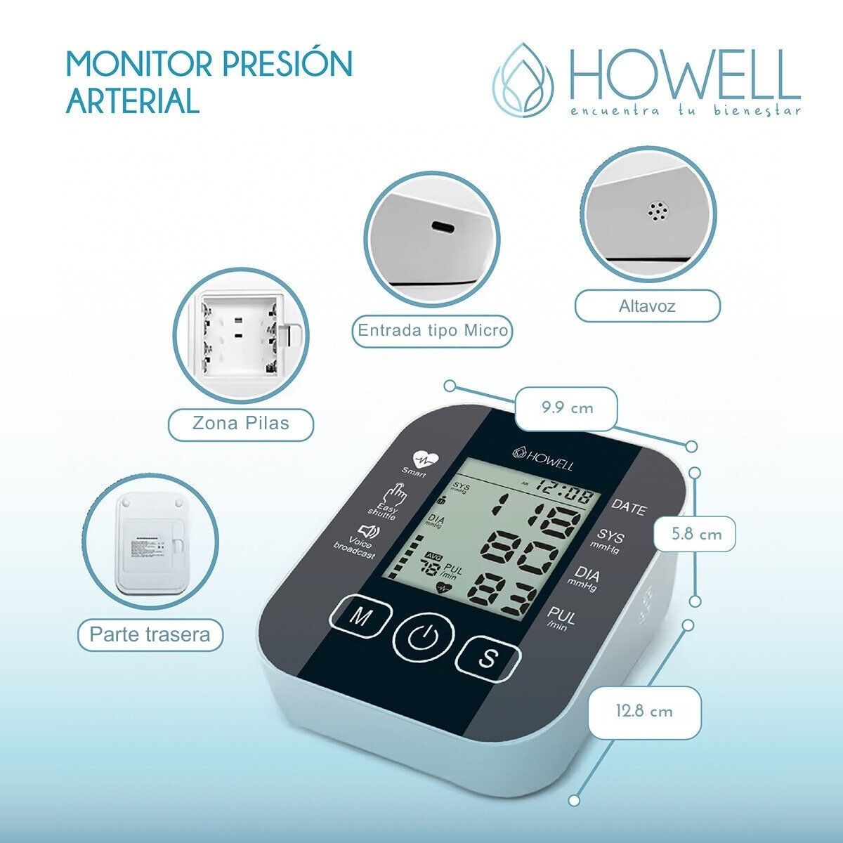 HOWELL - Tensiómetro Toma Presión Digital Usb Batería Howell T-300