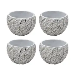 GENERICO - Set 4 Macetero Maceta Acabado Cemento Relieve Hojas Blanco S