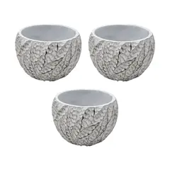 GENERICO - Set 3 Macetero Maceta Acabado Cemento Relieve Hojas Blanco S