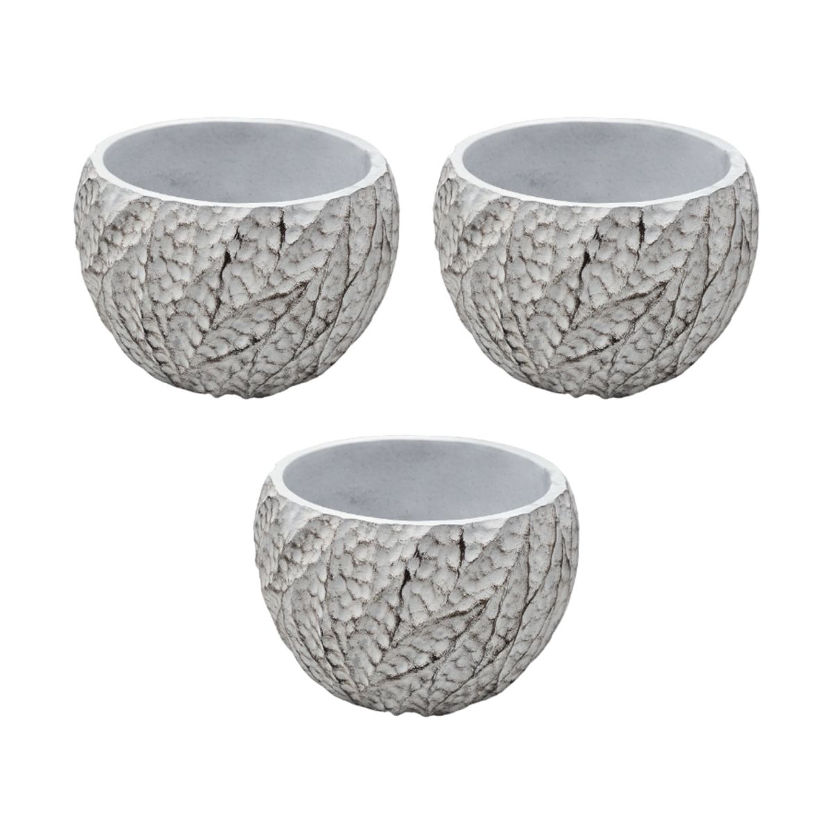 GENERICO - Set 3 Macetero Maceta Acabado Cemento Relieve Hojas Blanco M