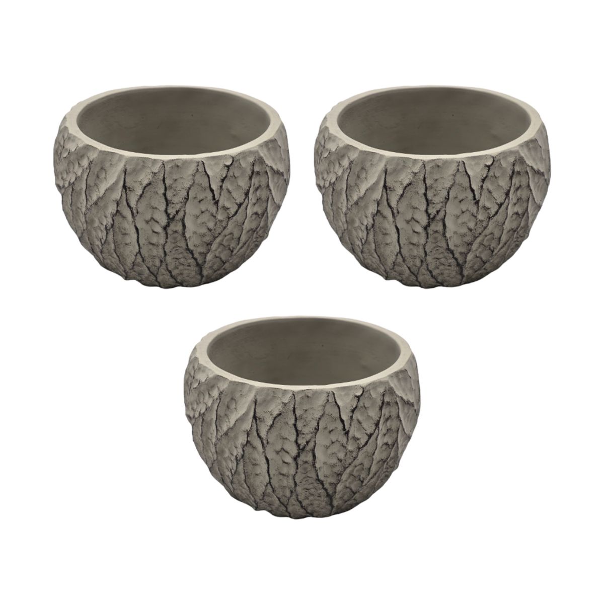 GENERICO - Set 3 Macetero Maceta Acabado Cemento Relieve Hojas Gris S