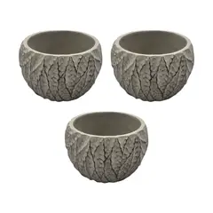 GENERICO - Set 3 Macetero Maceta Acabado Cemento Relieve Hojas Gris M