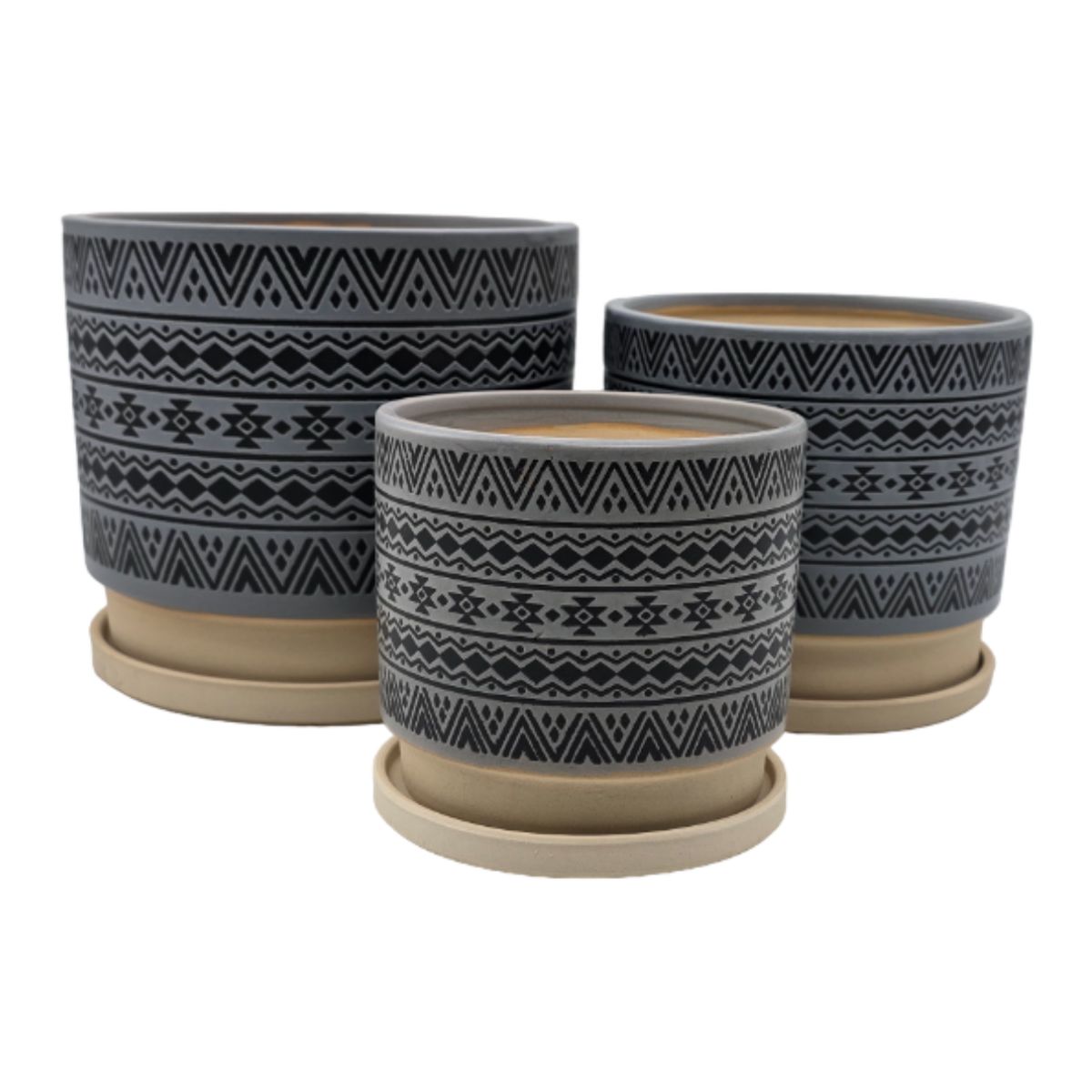 GENERICO - Set 3 Maceteros Maceta De Ceramica Gris Con Patrones Negros