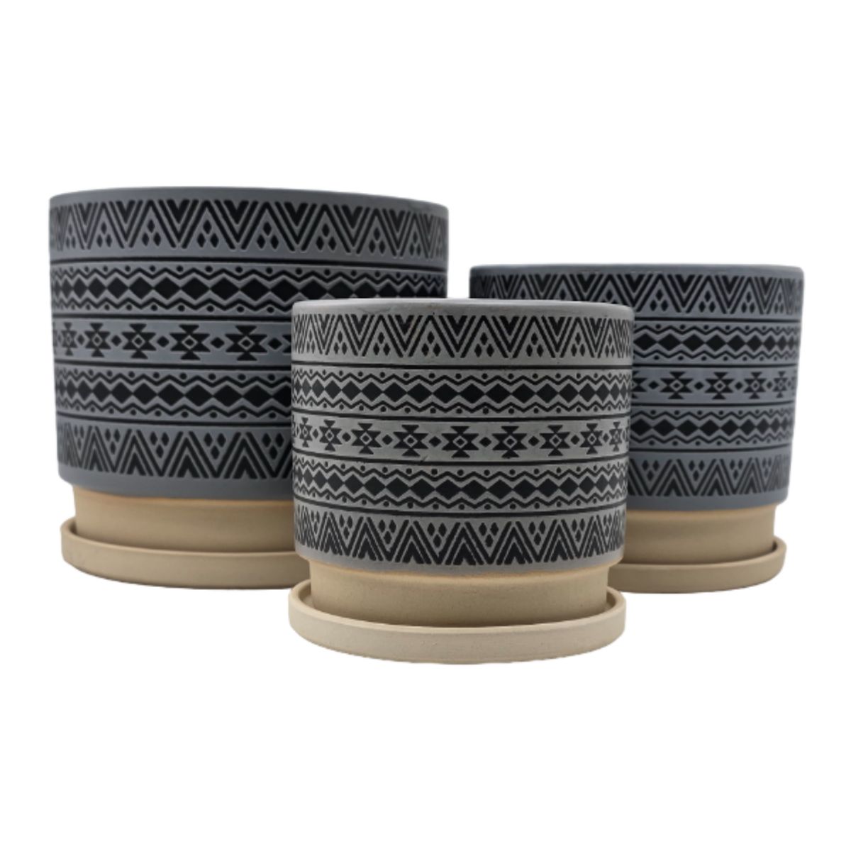 GENERICO - Set 3 Maceteros Maceta De Ceramica Gris Con Patrones Negros