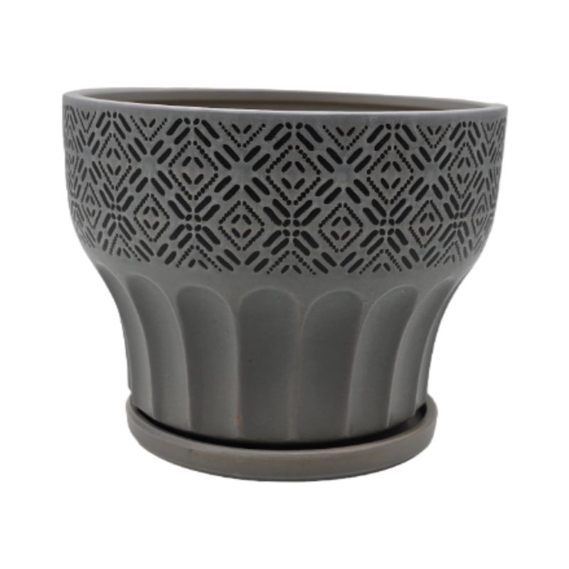 GENERICO - Macetero Maceta De Ceramica Gris Patrones Negro Alto S