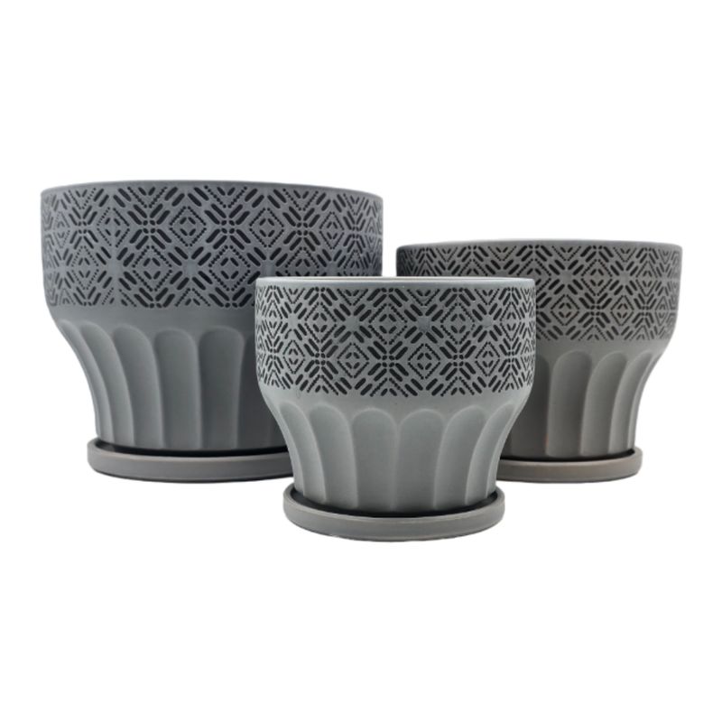 GENERICO - Set 3 Maceteros Maceta De Ceramica Gris Patrones Negro Alto.