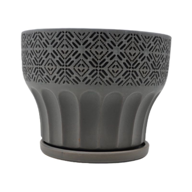 GENERICO - Macetero Maceta De Ceramica Gris Patrones Negro Alto L