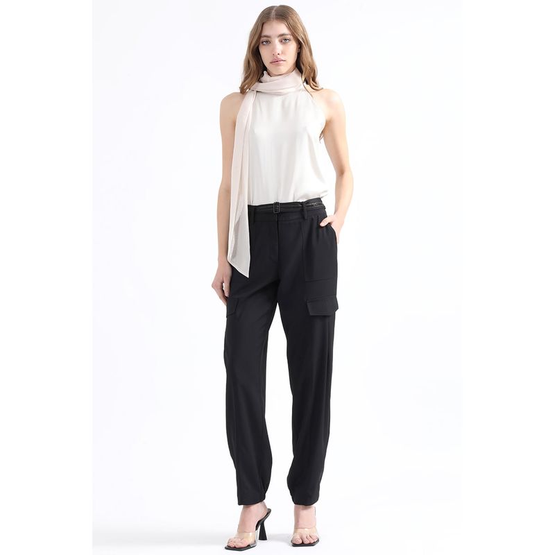 LIOLA - Pantalon Cargo Tiro Medio Cinturon Strass, Negro Liola