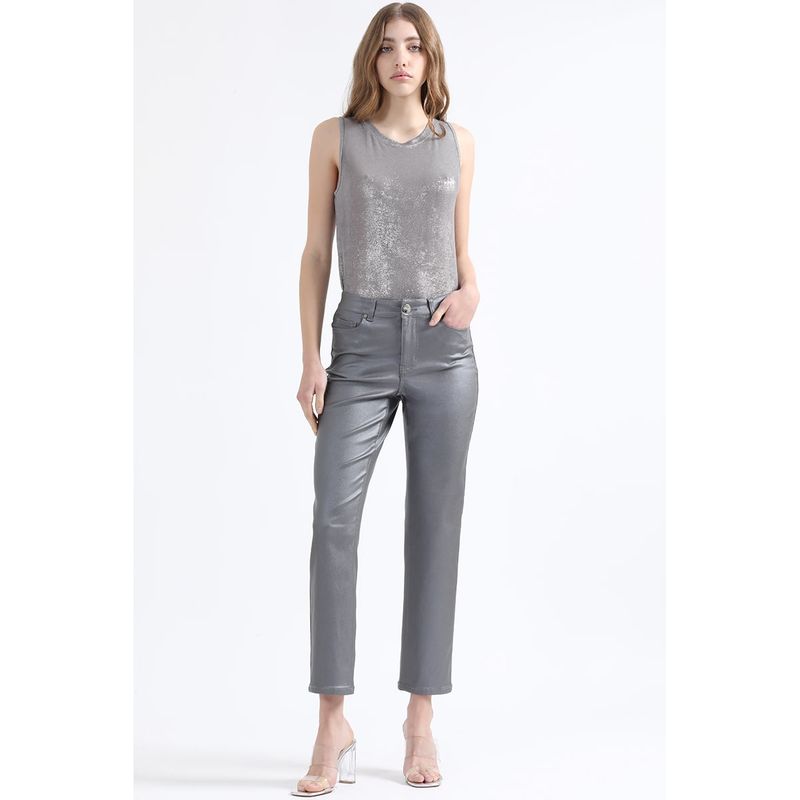 LIOLA - Pantalon Slim Tiro Medio, Metalizado, Gris Liola