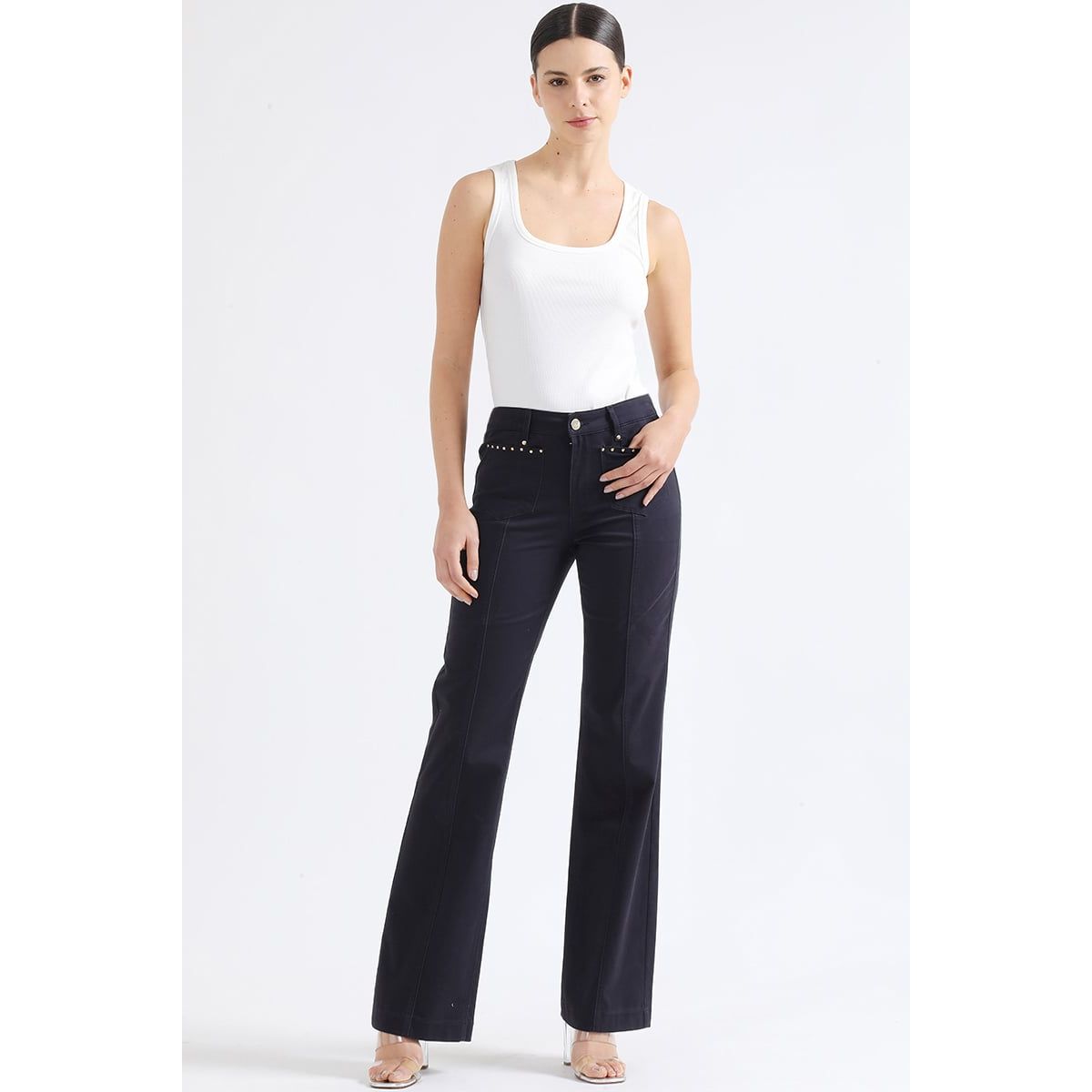 LIOLA - Jeans Color Bootcut Fit, Remaches, Tiro Medio, Azul Liola