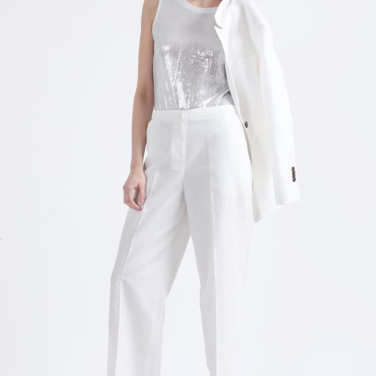 LIOLA - Pantalon Recto, Tiro Alto, Lino Algodón, Crudo Liola