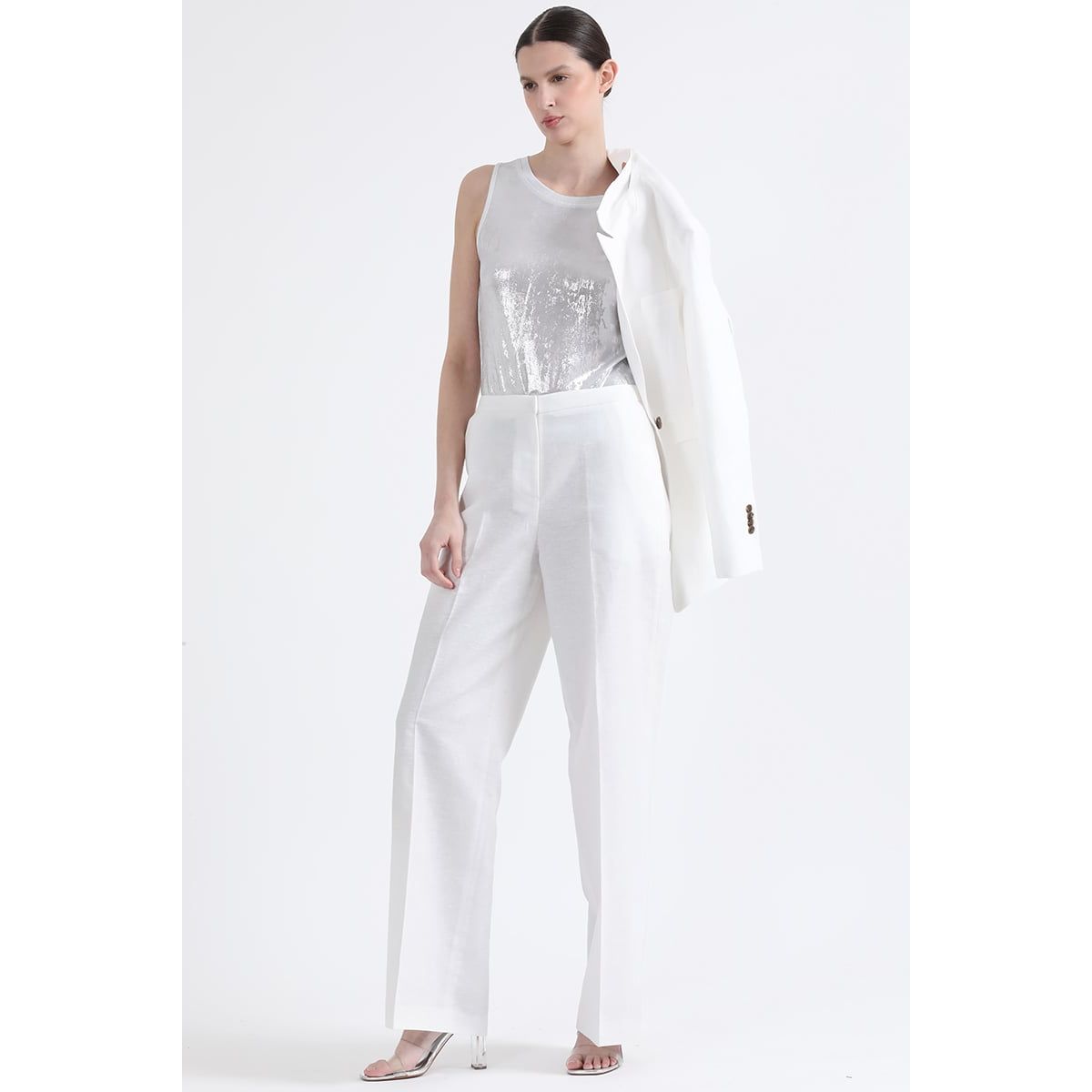 LIOLA - Pantalon Recto, Tiro Alto, Lino Algodón, Crudo Liola