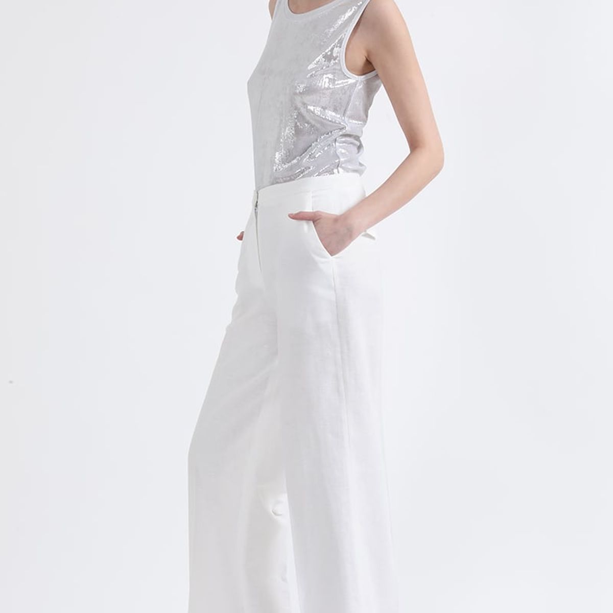 LIOLA - Pantalon Recto, Tiro Alto, Lino Algodón, Crudo Liola