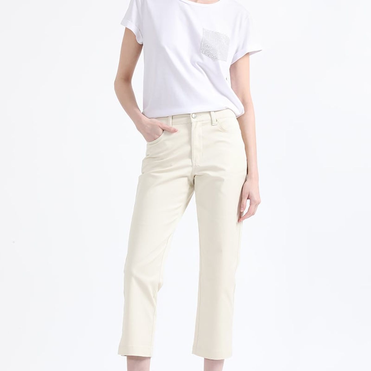 LIOLA - Pantalon Slim Cropped, Tiro Medio, Crudo Liola