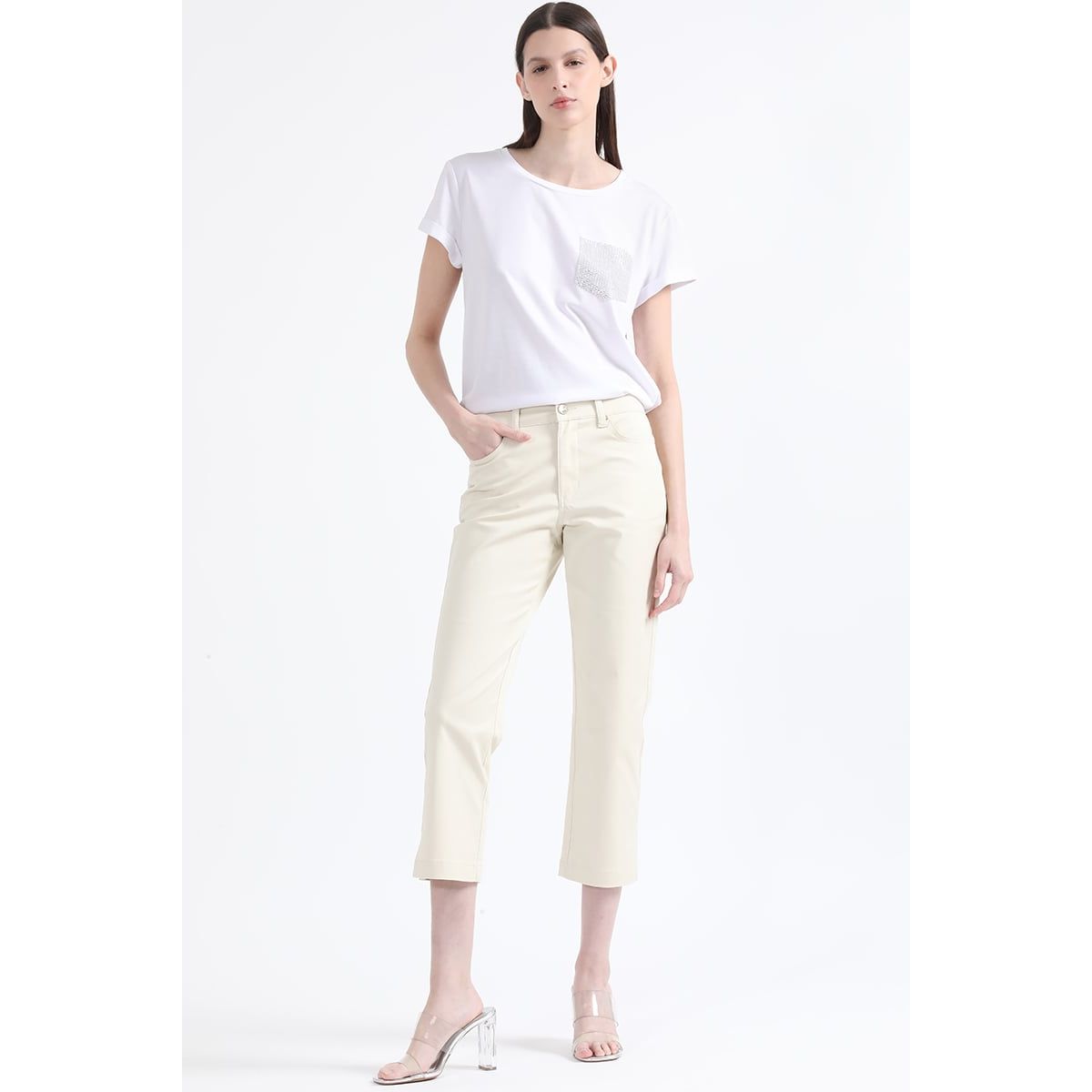 LIOLA - Pantalon Slim Cropped, Tiro Medio, Crudo Liola