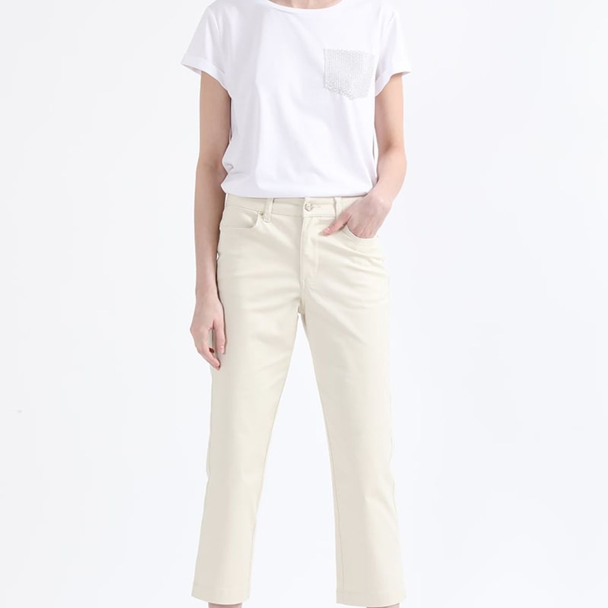 LIOLA - Pantalon Slim Cropped, Tiro Medio, Crudo Liola