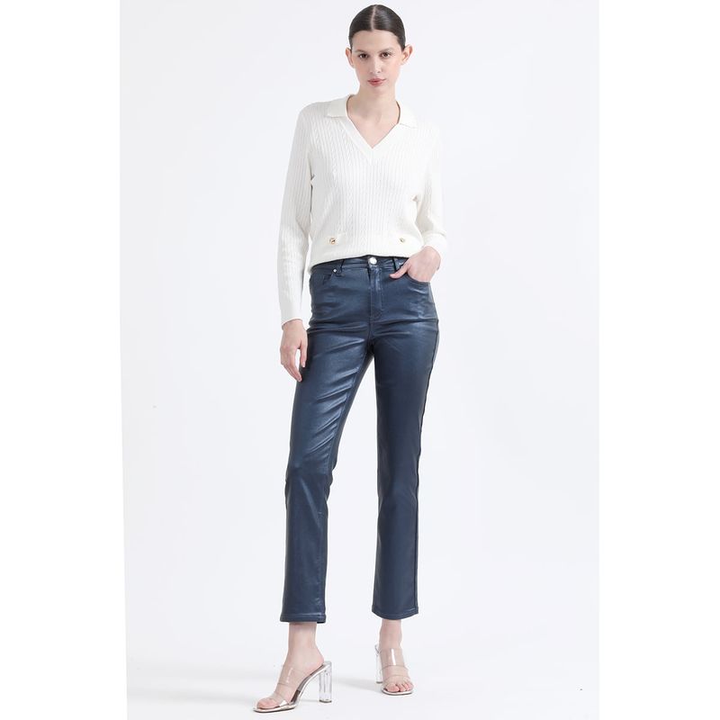 LIOLA - Pantalon Slim Tiro Medio, Metalizado, Azul Liola