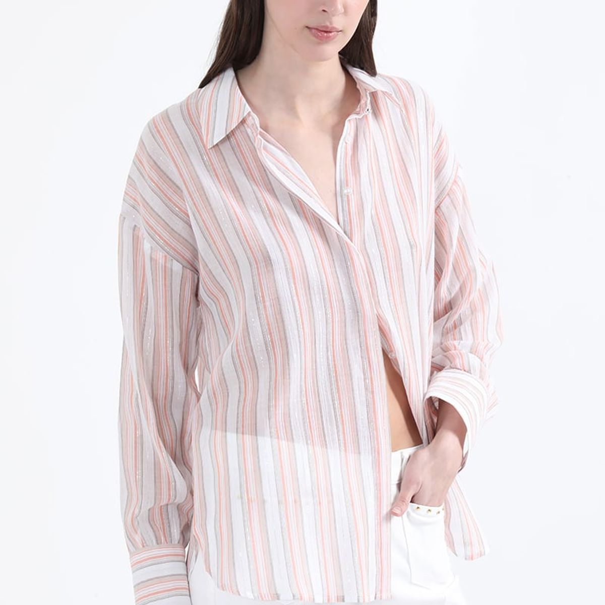 LIOLA - Camisa Listada Fantasia Hilo Metalizado, Naranjo Liola