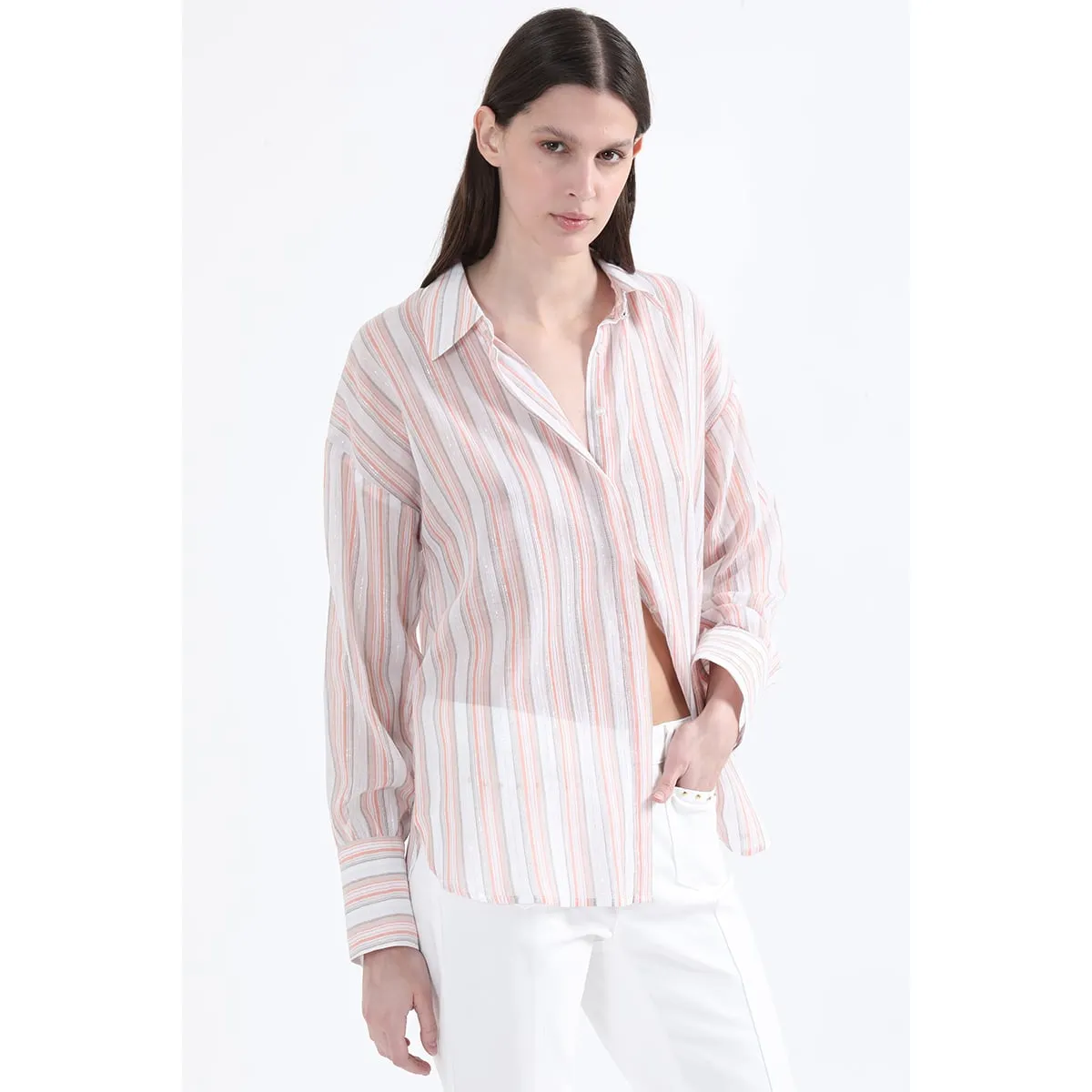 LIOLA - Camisa Listada Fantasia Hilo Metalizado, Naranjo Liola