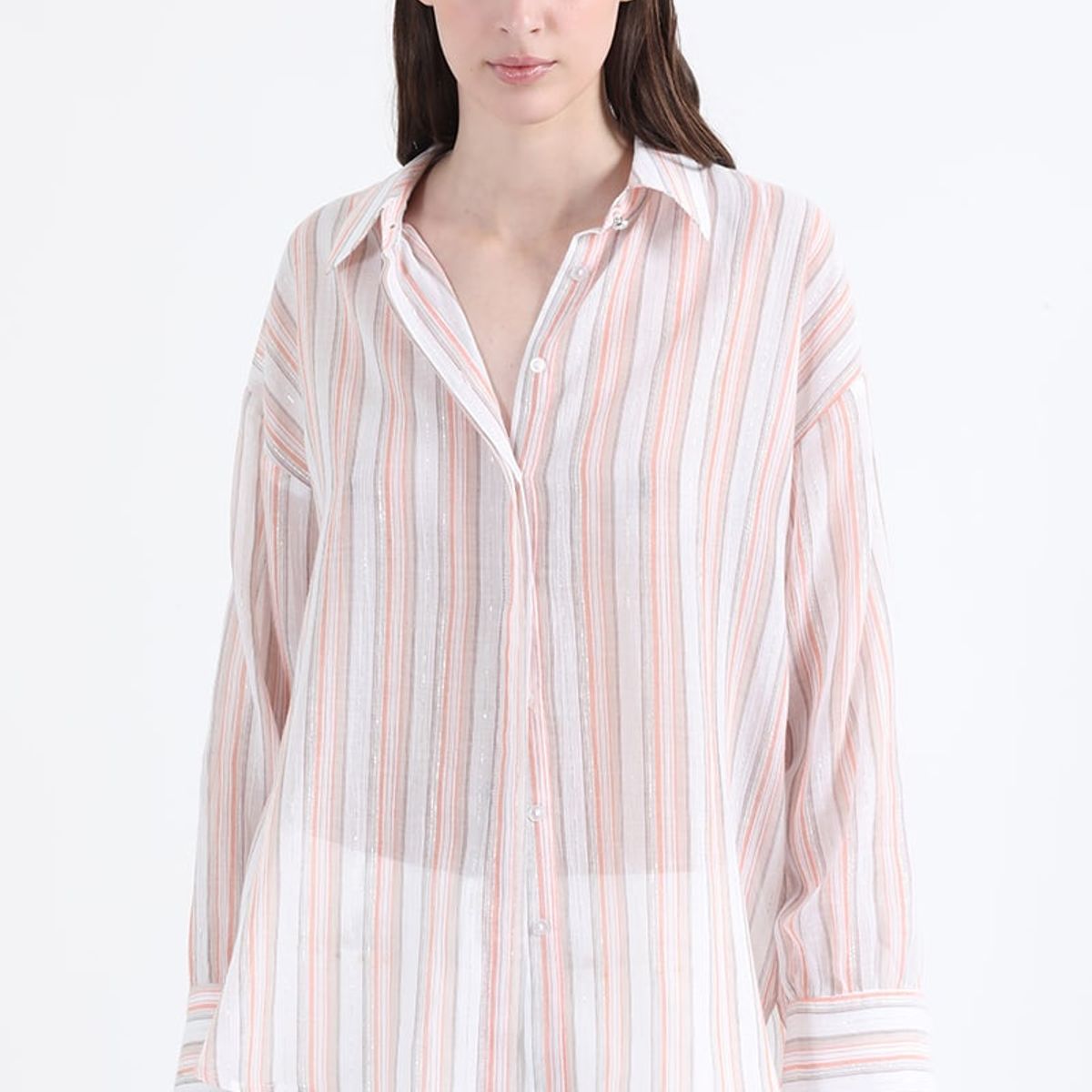 LIOLA - Camisa Listada Fantasia Hilo Metalizado, Naranjo Liola