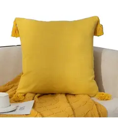 GENERICO - Set 2 Fundas Para Cojin Medida 45x45cm De Lino Con Flecos - Amarillo