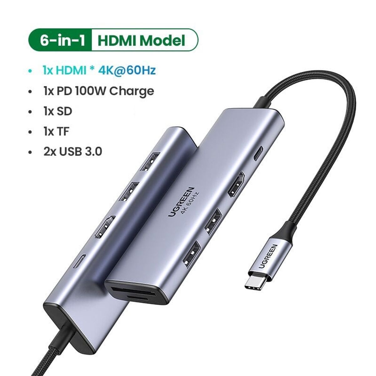 UGREEN - Adaptador Ugreen Hub Usb C 6 En 1 - Hdmi 4k 60hz / Usb A / Sd / Pd