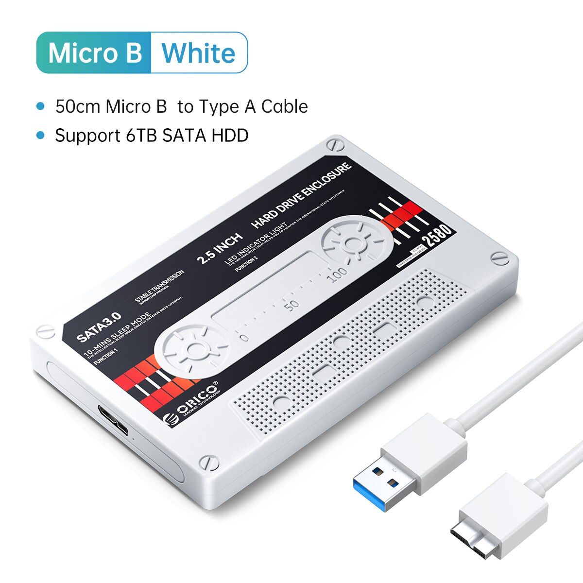 ORICO - Cofre Tipo Cassette Blanco Orico 2.5 3.0 Disco Duro HDD SSD + Cable