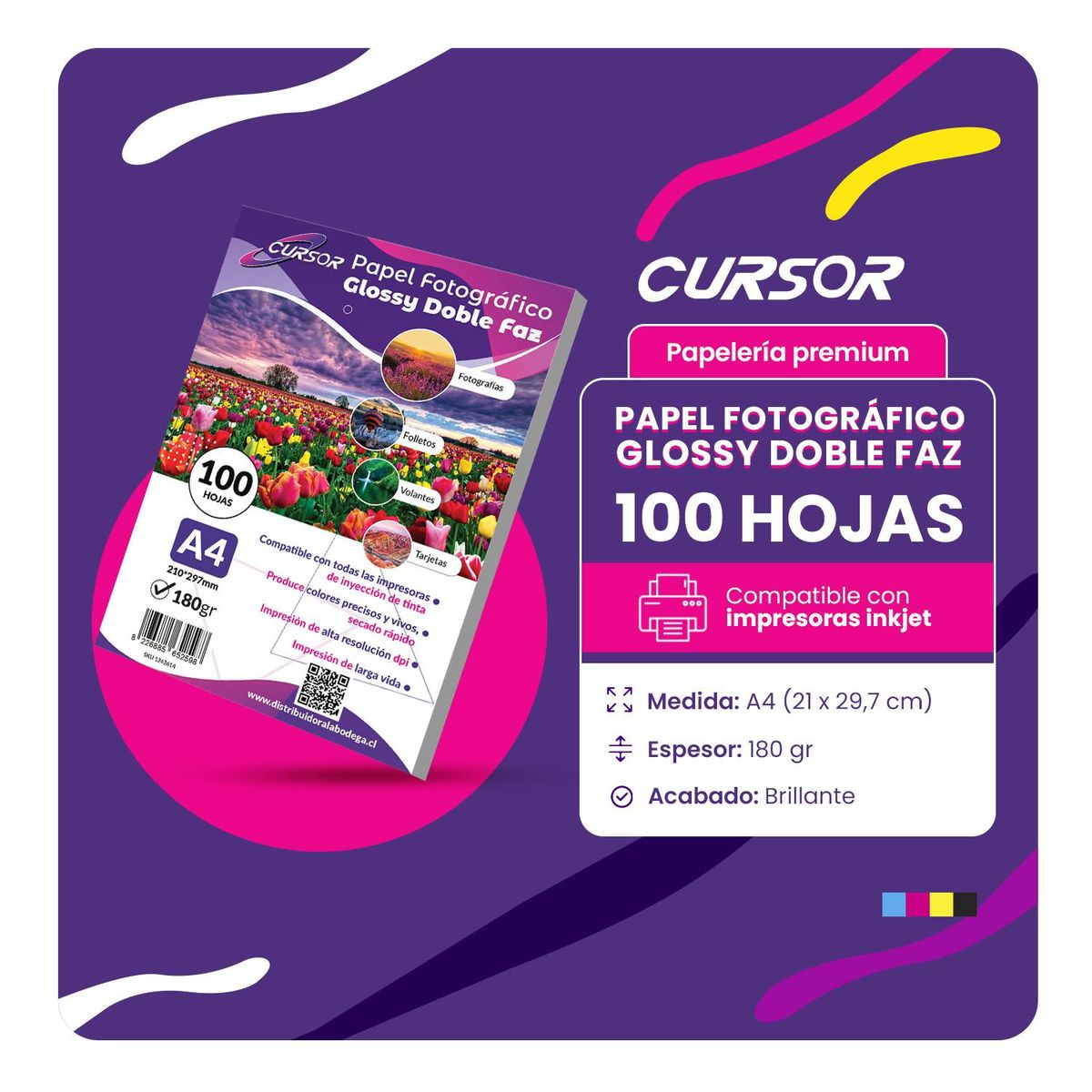 CURSOR - Papel Fotográfico Doble Faz Glossy Cursor A4 180 Gr 100 Hjs