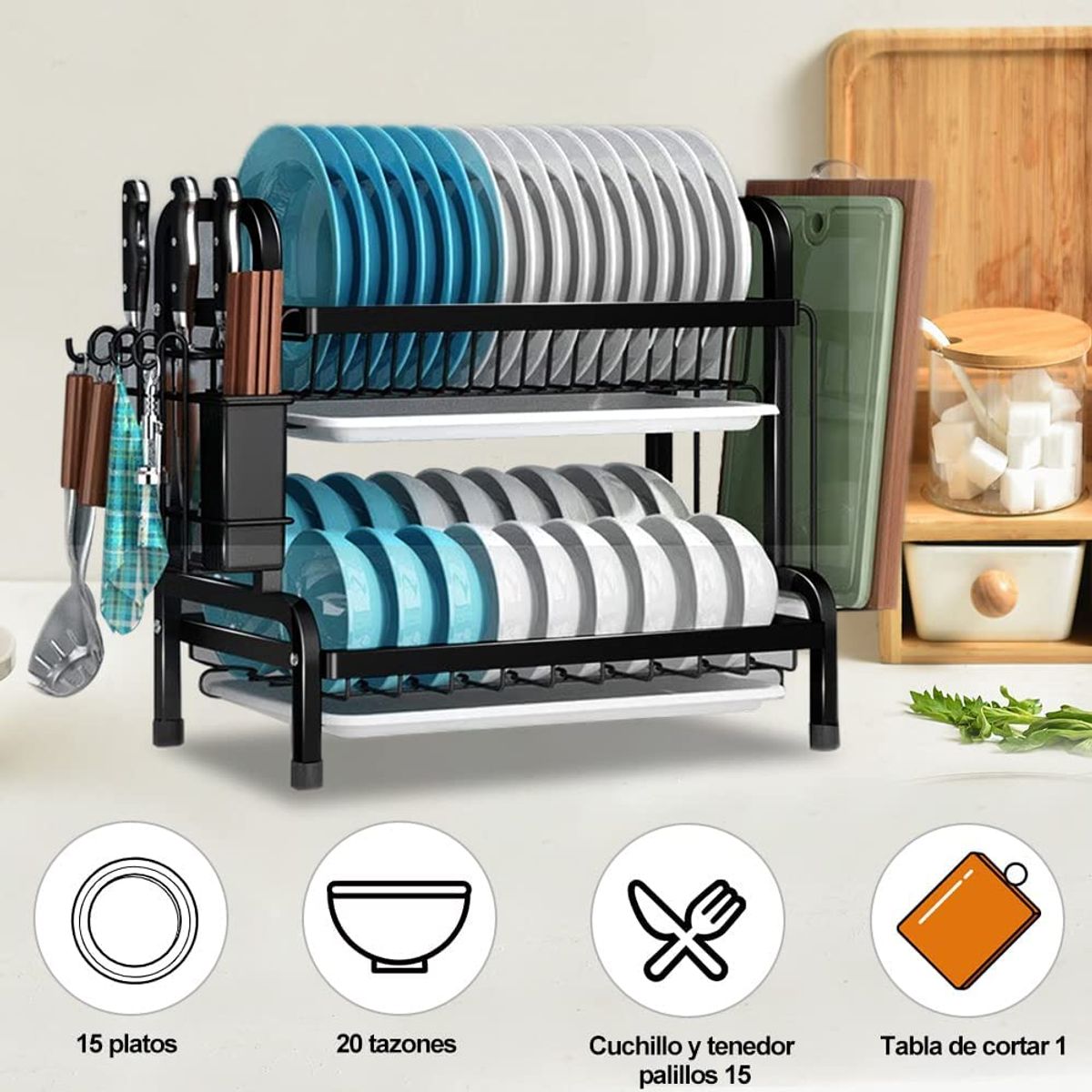 WAKESHOME - Secador De Platos Clasico Escurridor de Loza 2 Niveles Rack de Cocina