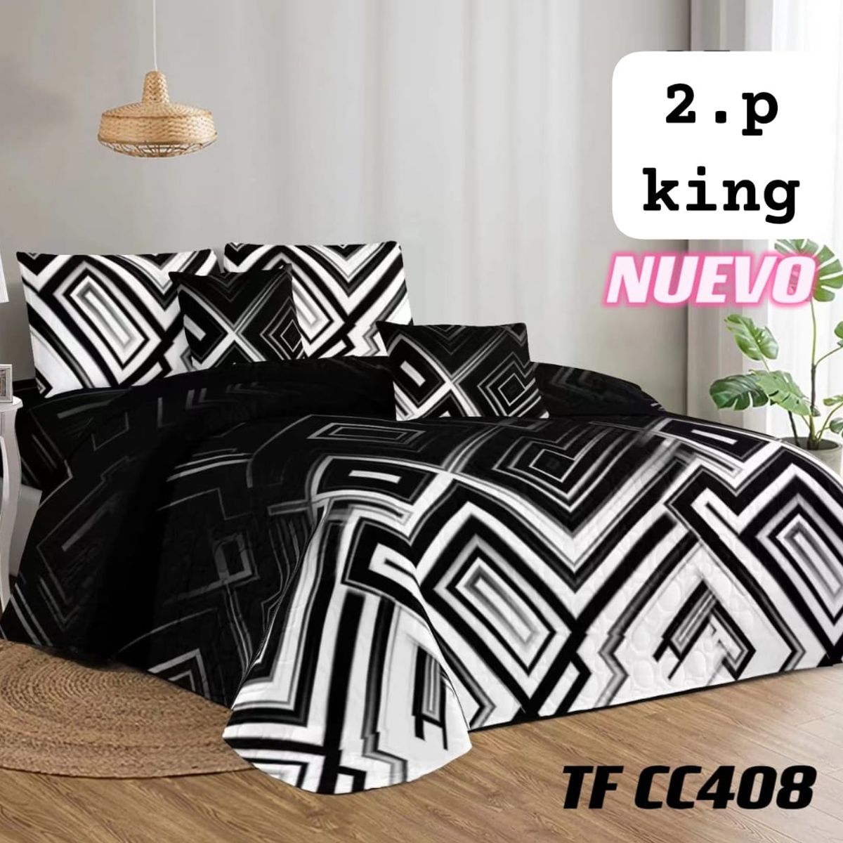 GENERICO - Cobertor Quilt de Verano / Cubrecamas 2 Plazas Diseño Geometrico Negro