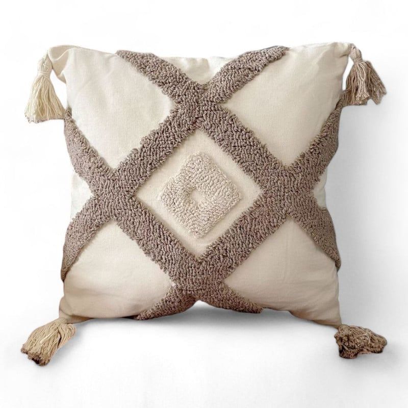 GENERICO - Funda Para Cojin Diseño Boho Lino Bordado Flecos 45x45cm - Multicolor